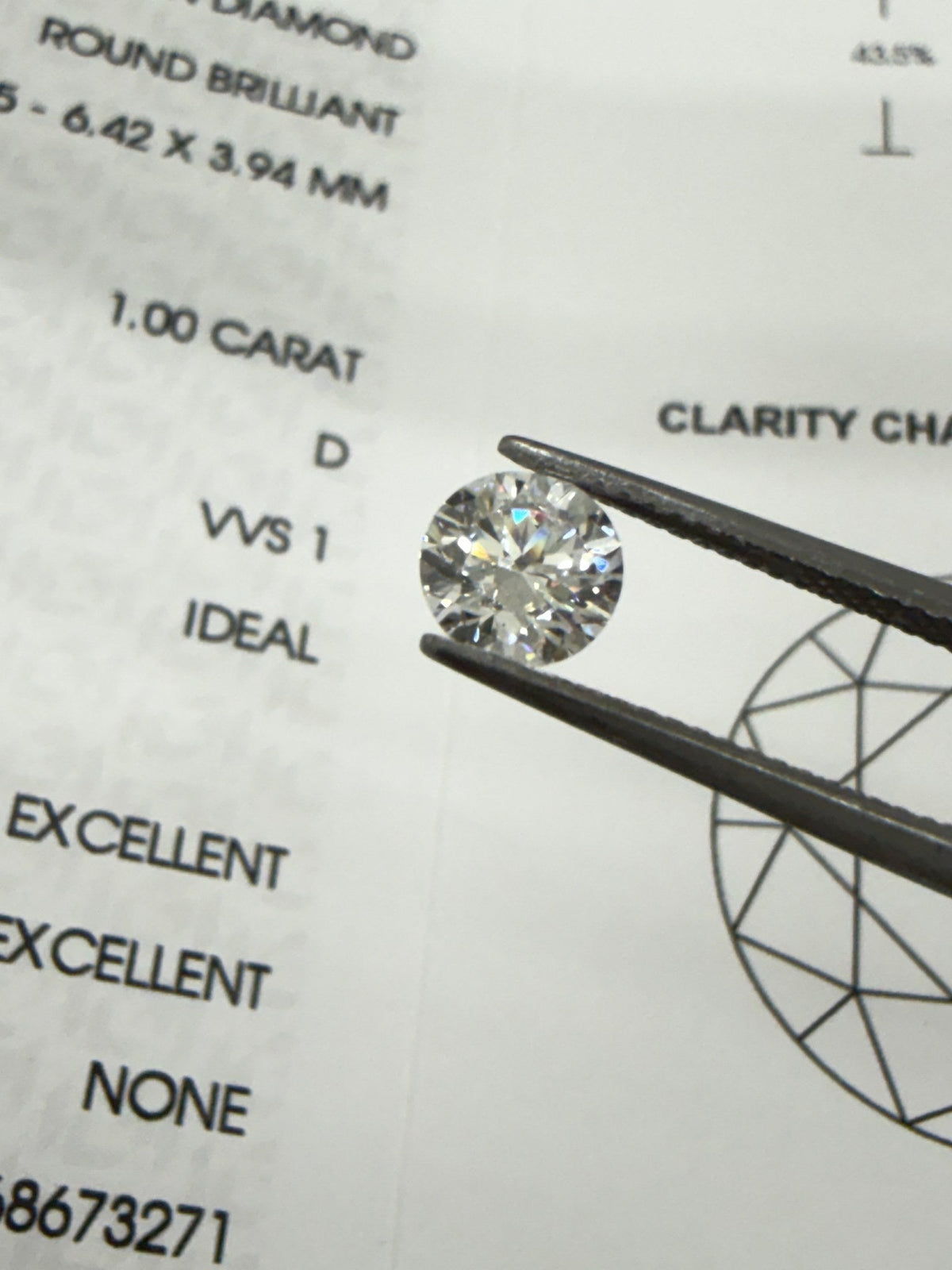 ラウンド 1.00ct D/VVS1 のルースをIGI鑑定書の上でピンセットで持ったところ