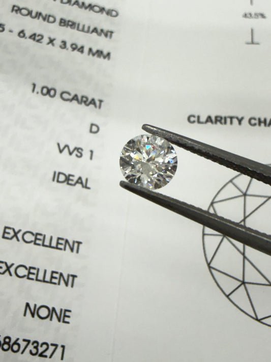 ラウンド 1.00ct D/VVS1 のルースをIGI鑑定書の上でピンセットで持ったところ